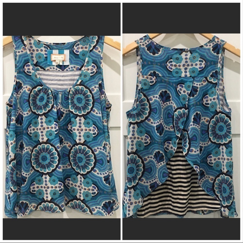 anthropologie Meadow Rue Merlin mixed media swing top blue stripe size small